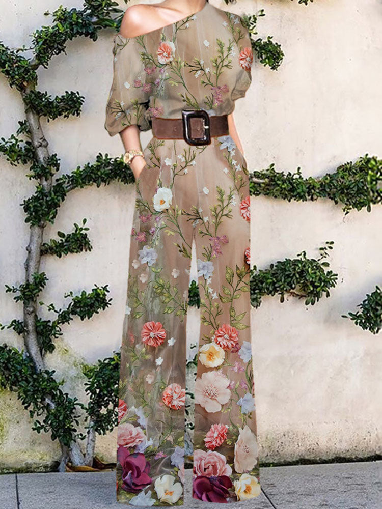 Not with belt Abstract Face Print Women Jumpsuits Sexy One Shoulder